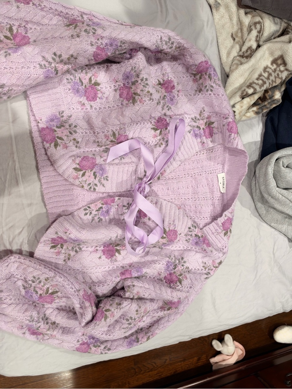 Storia Lavender Floral Knit Robe with Ribbon Tie